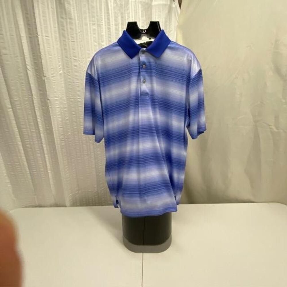 PGA Tour Golf Polo Mens XL Blue White Stripe Performance Shirt Short Sleeve